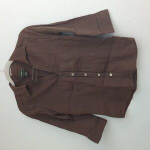 Eddie Bayer 100% Linen Botton Down V-Neck Top Brown Women's XS Lagenlook